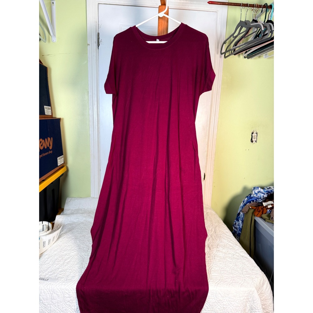 Unbranded Women Burgundy Short Sleeve Crew Neck Relaxed Maxi Dress Large